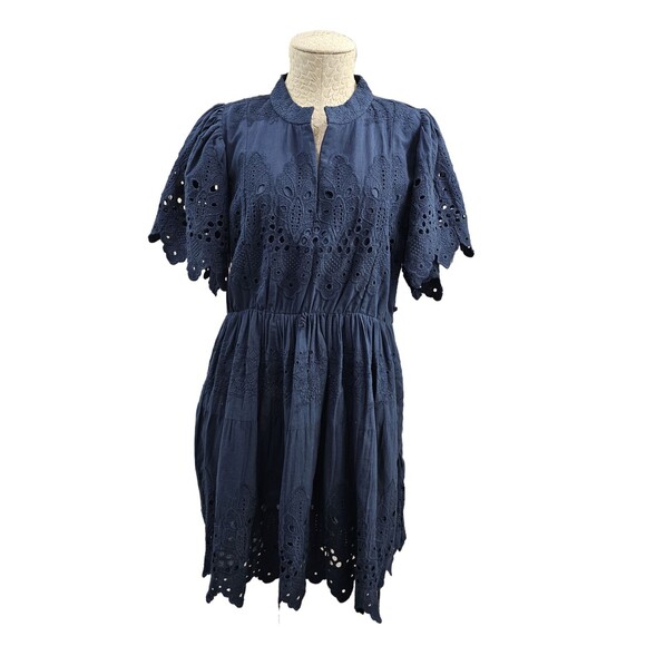 GC Women's L Gretchen Scott Heavily Embroidered Cotton Magnifico Dress in Navy - Picture 1 of 9